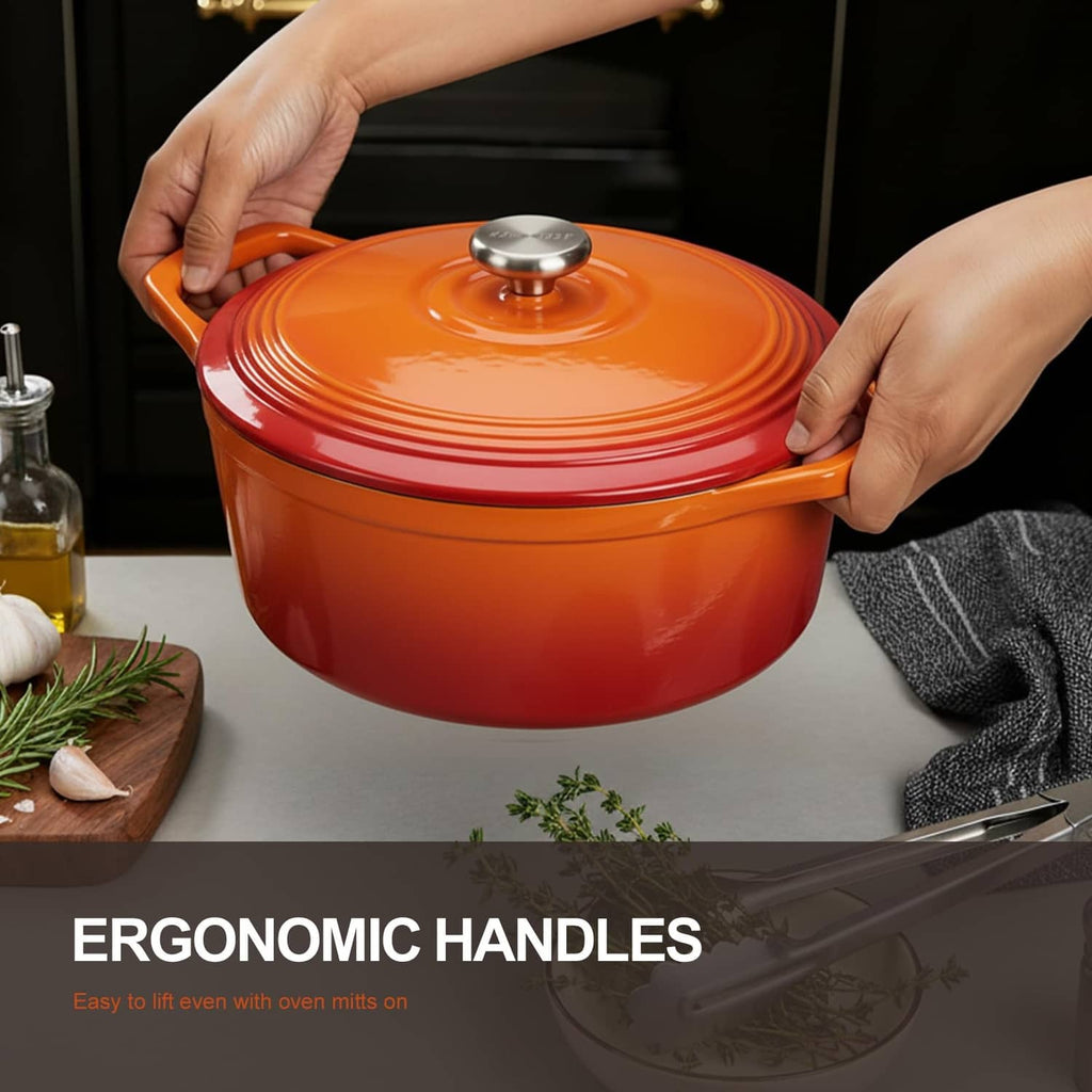 Orange enameled Dutch oven with lid and two side handles