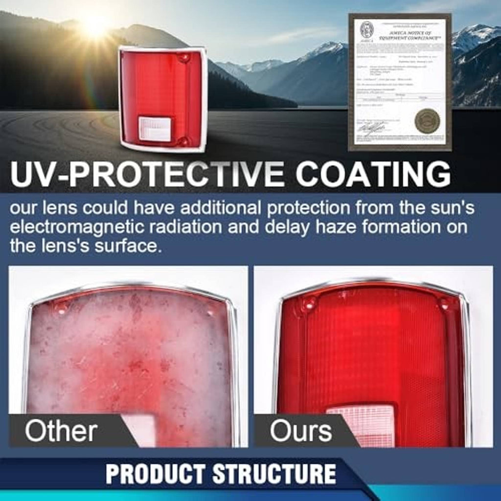 Red tail light lens with white rectangular reflector, shown with sun-protection closeups.