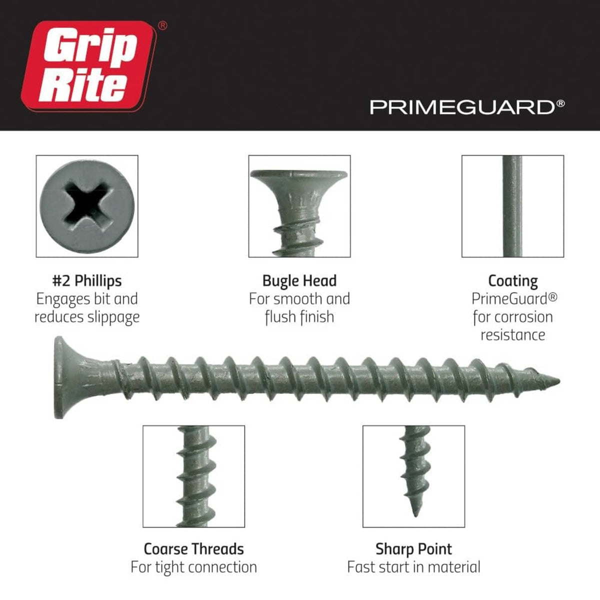 Gray exterior screws with #2 Phillips head, PrimeGuard coating, coarse threads, bugle head.