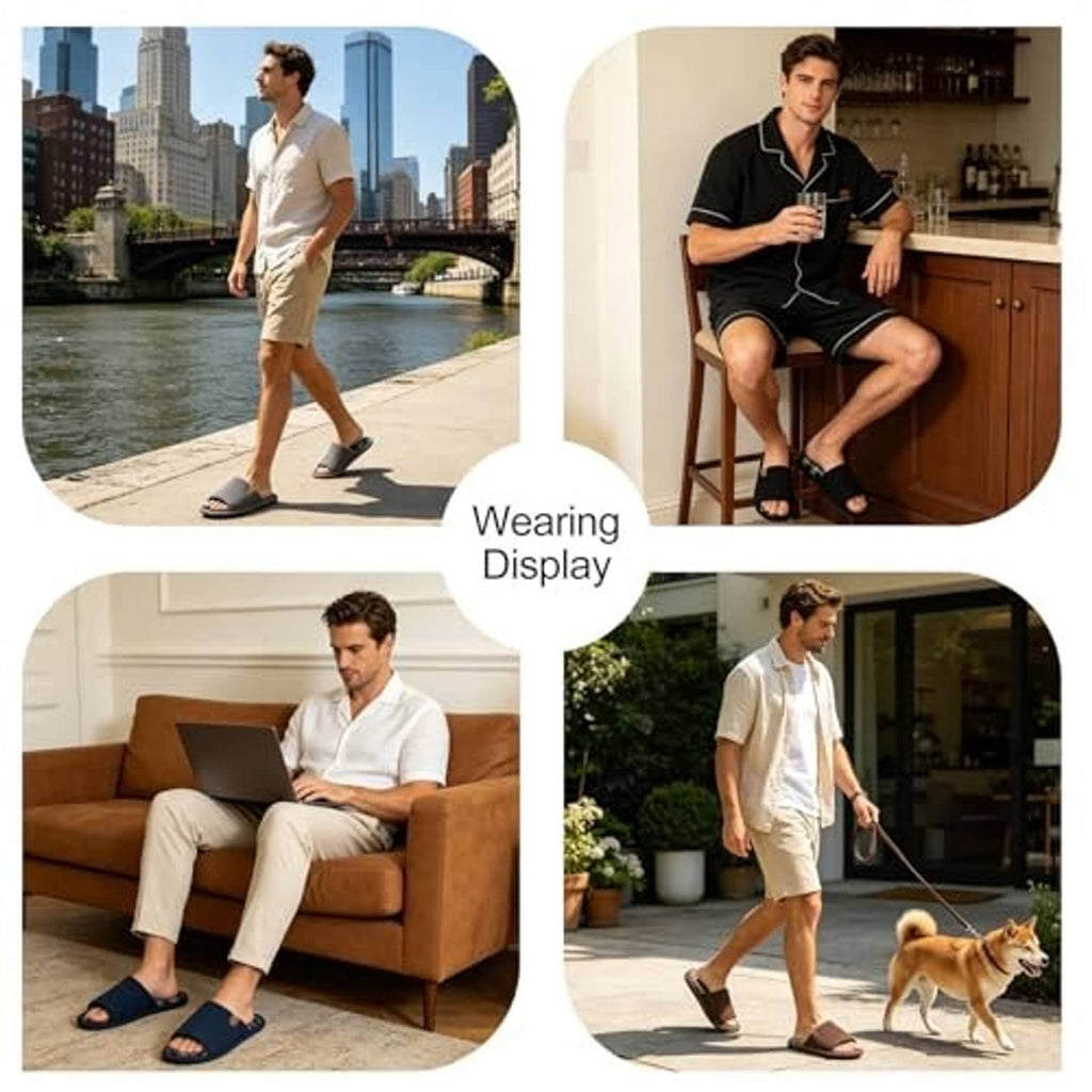 Men wearing brown plaid-lined slip-on slippers outdoors and indoors