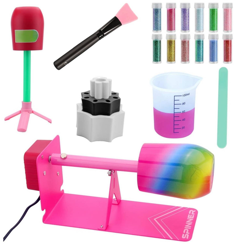 Pink cup tumbler spinner machine kit with foam molds, glitter tubes, brush, and measuring cup