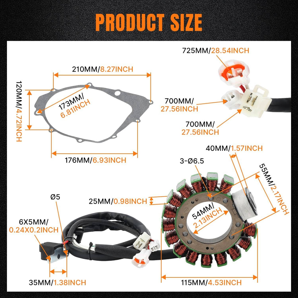 Stator with cable harness and gasket shown with product size diagram