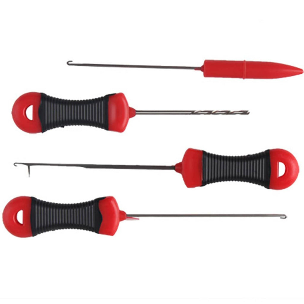Fishing baiting needle tool set with four red-and-black handled rig tools