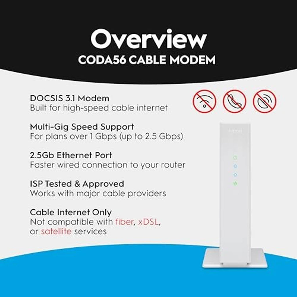 White cable modem with front grille, standing on a small base