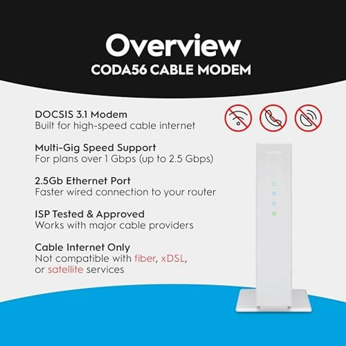 White cable modem with front grille, standing on a small base