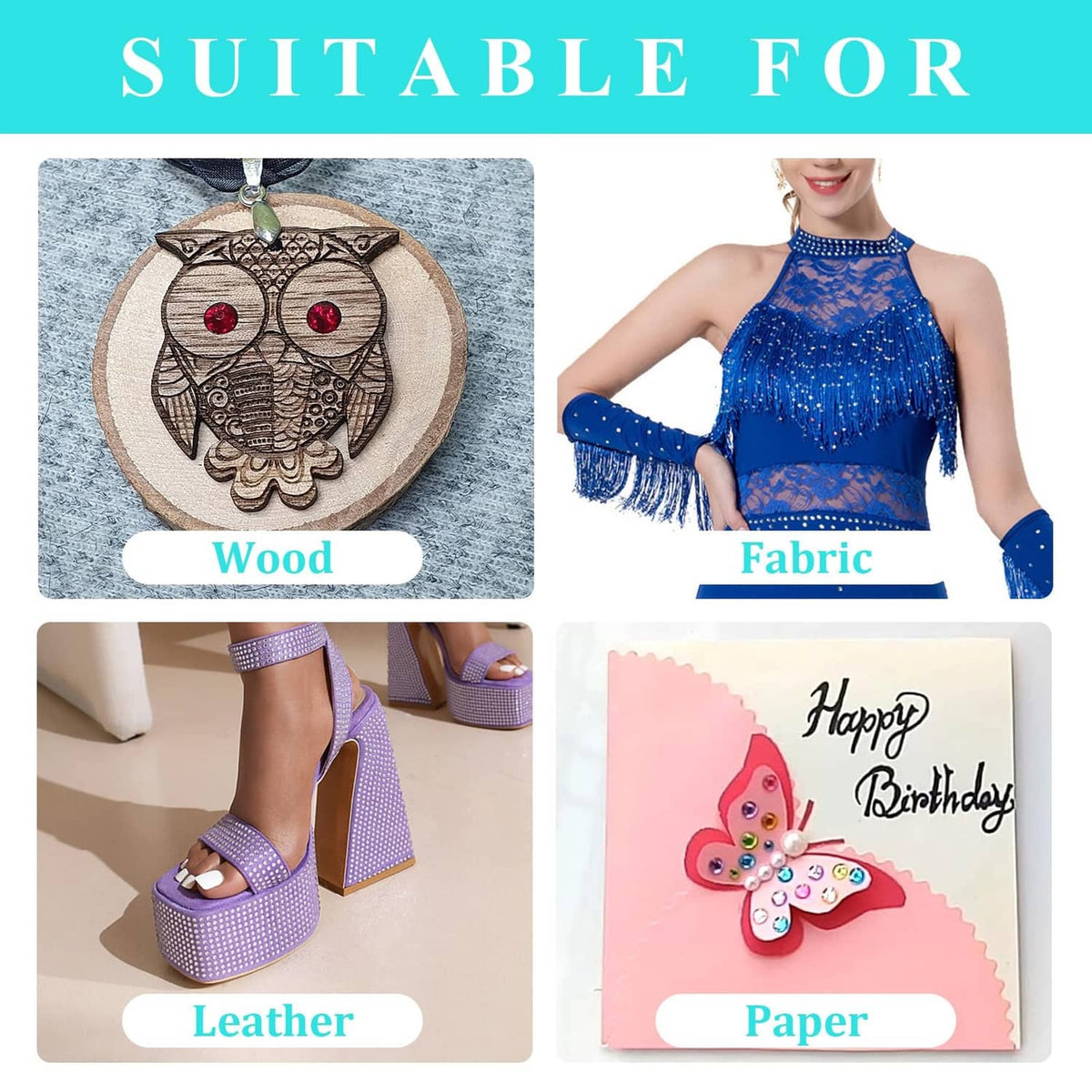 Hotfix rhinestones shown on wood, fabric, leather, and paper sample projects