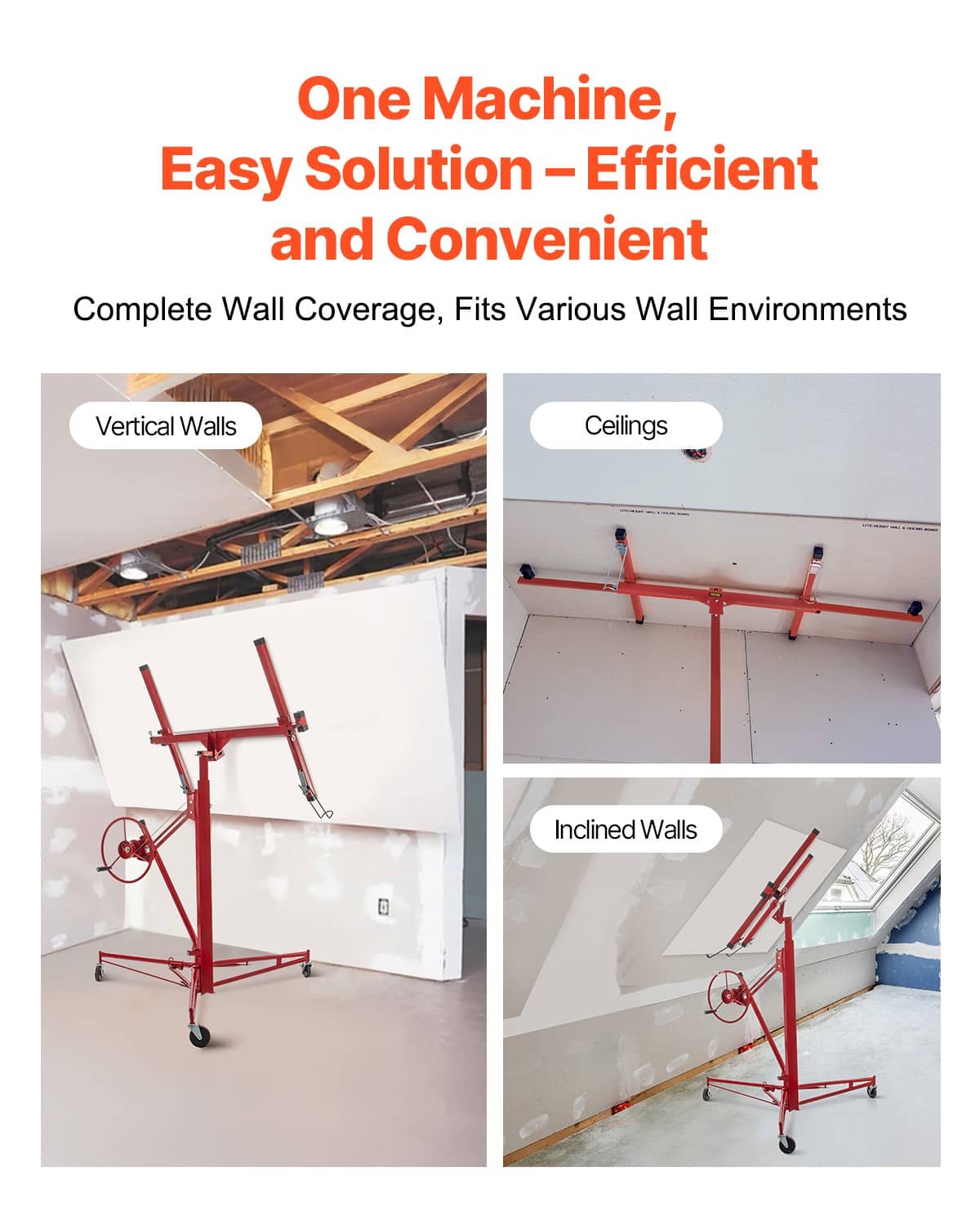 Red drywall lift jack with cradle, winch wheel, and casters for wall and ceiling use
