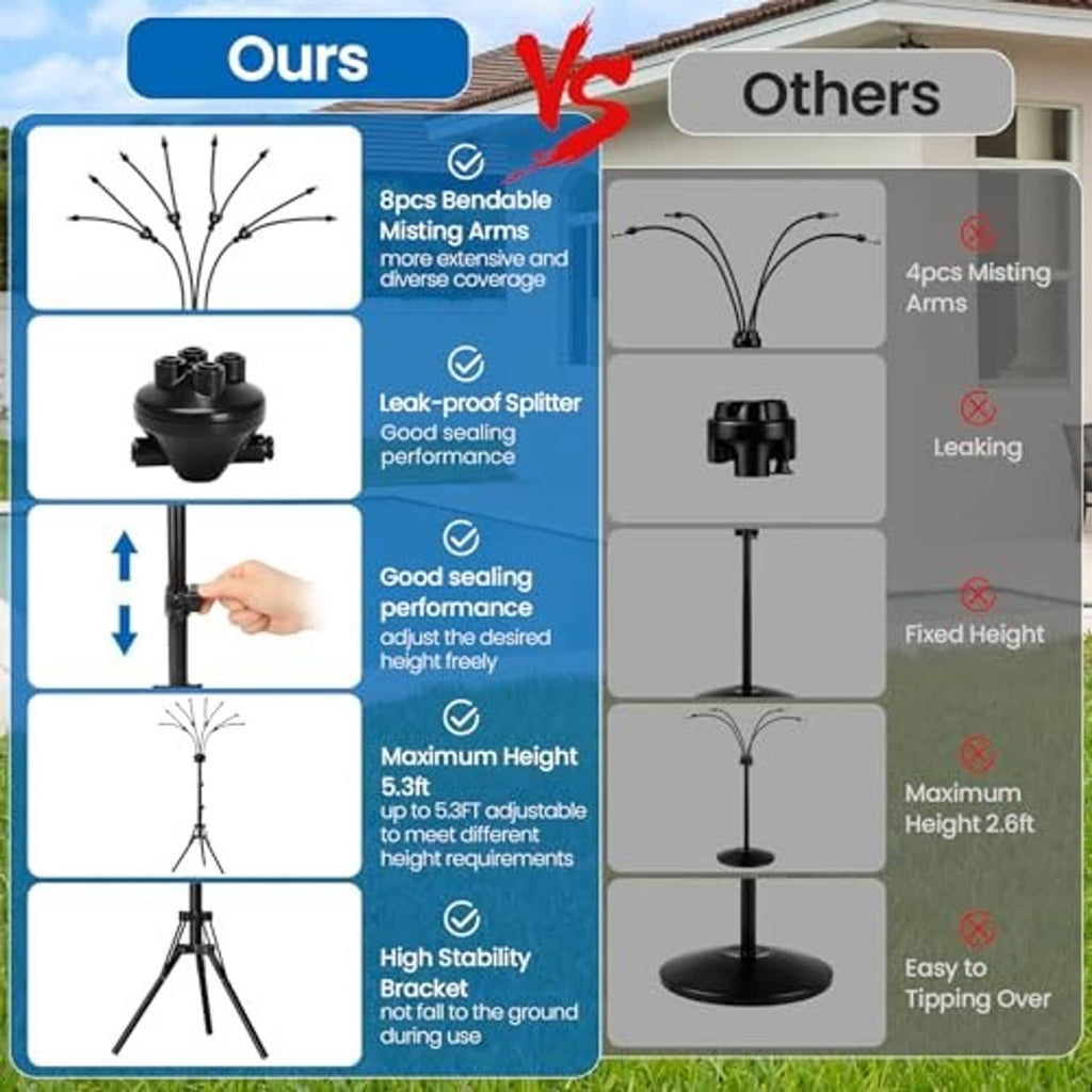 Outdoor misting stand with bendable misting arms and stable black tripod base shown