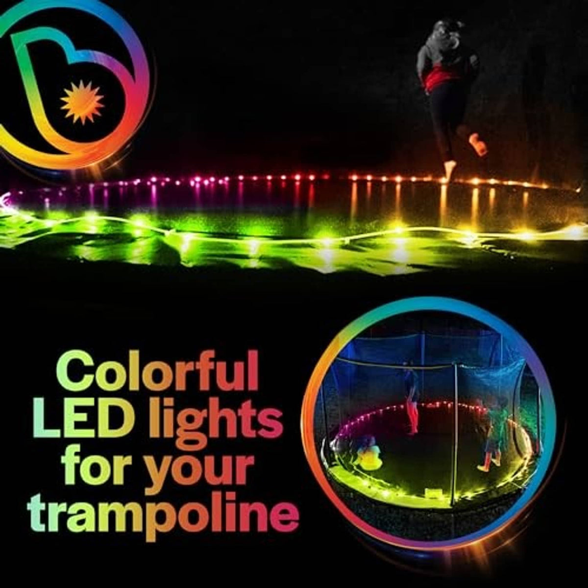 Multicolor LED string lights around trampoline edge with a person jumping at night