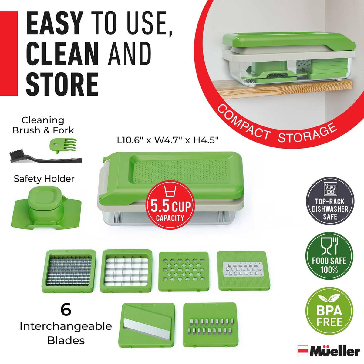 Green vegetable chopper with compact blade storage tray and 6 interchangeable blades