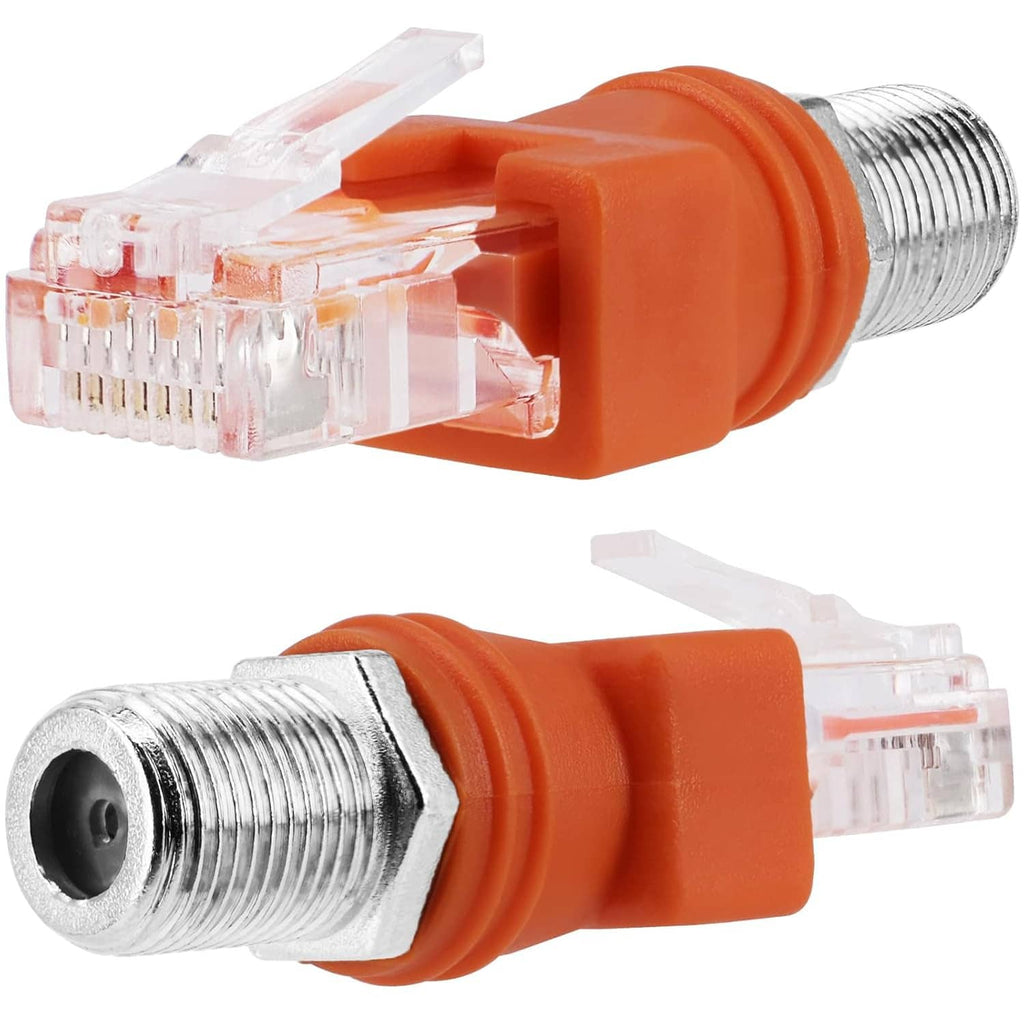 RF-to-RJ45 converter adapter 2-pack, orange housing, RJ45 male and metal coax connector