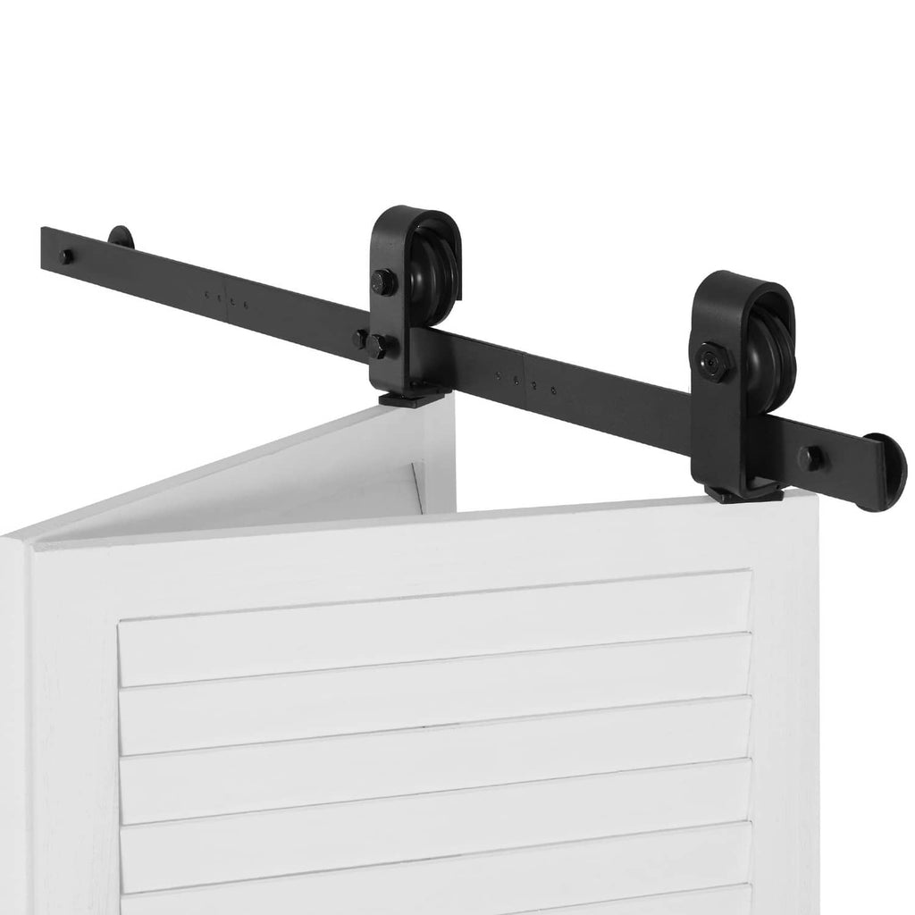Bi-fold sliding barn door hardware track with black rail, roller hangers, and brackets