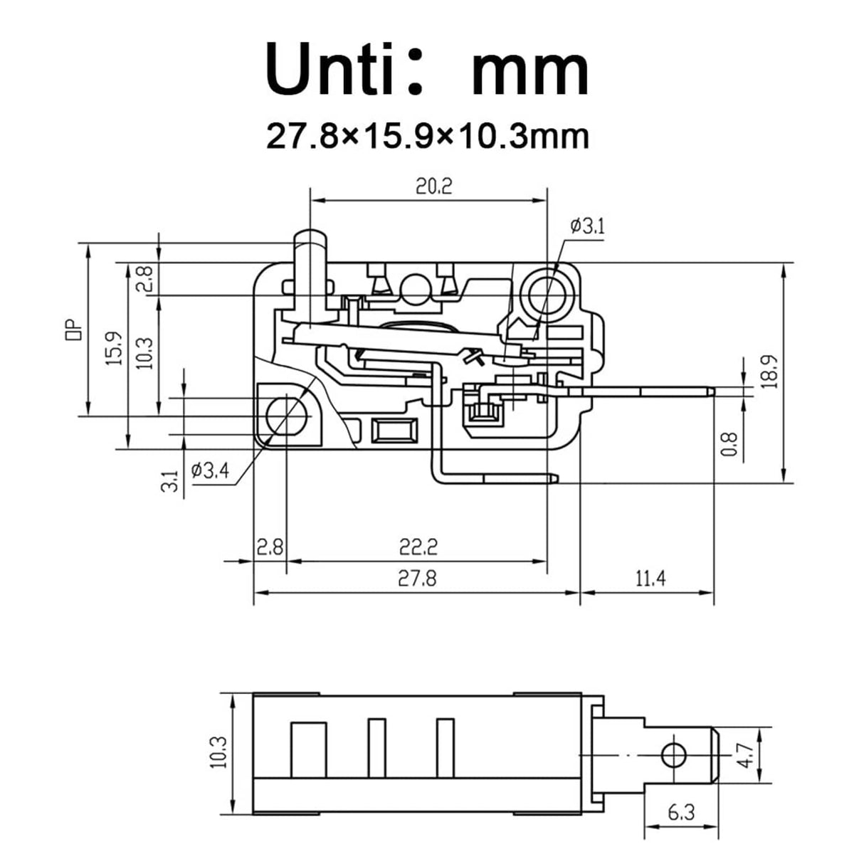 Microwave door switch technical dimension drawing with mm measurements and terminals