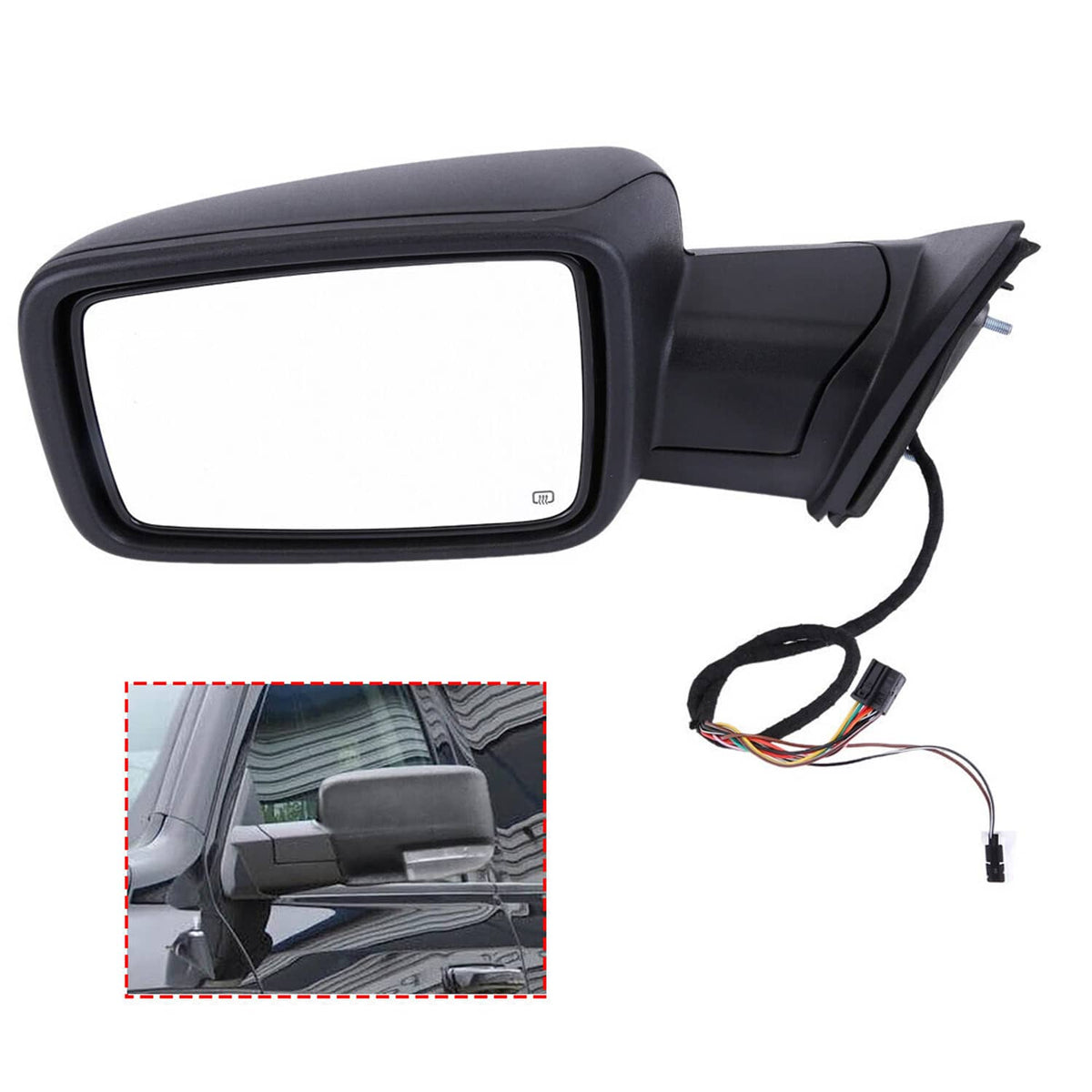 Left heated power-fold side mirror with black housing and attached wiring harness