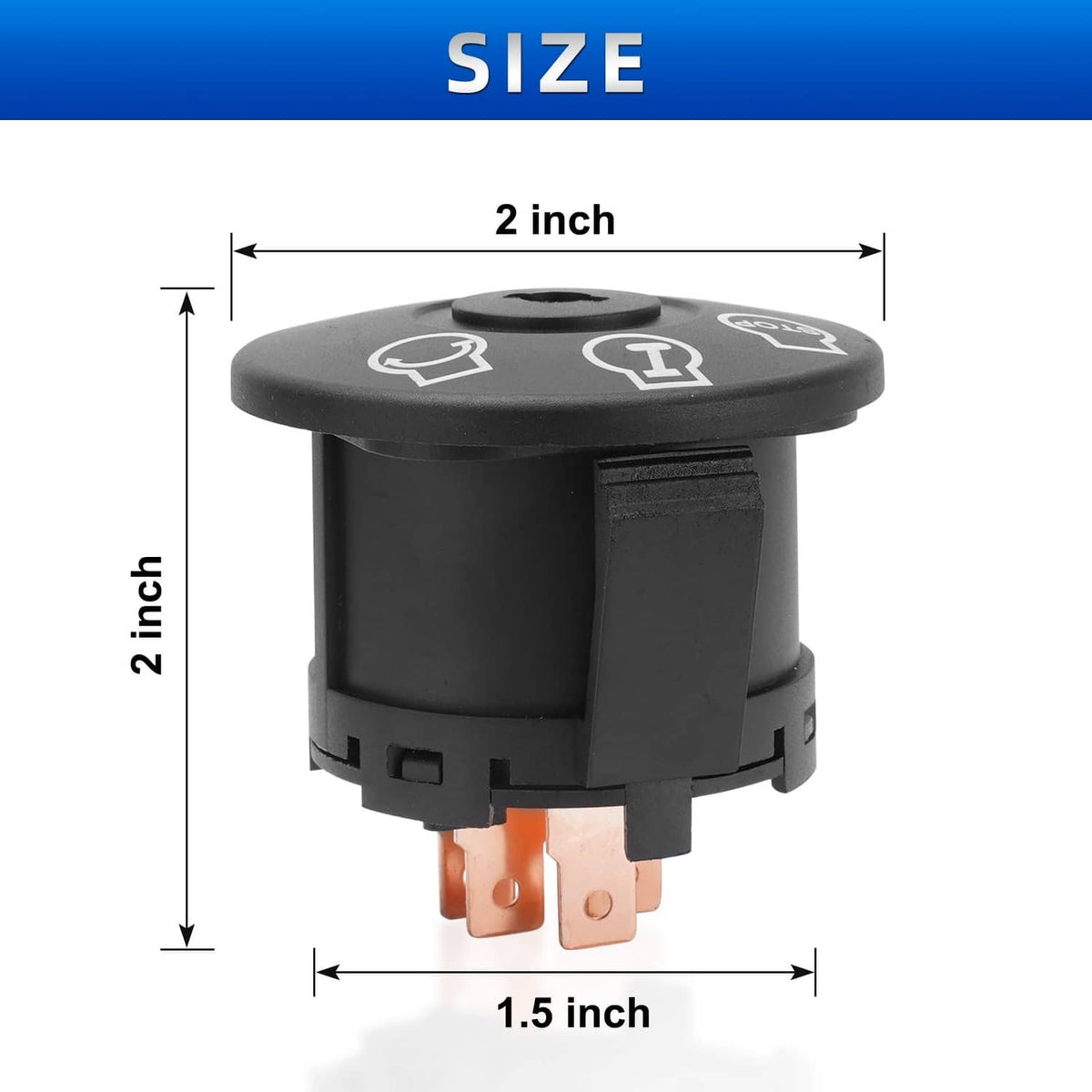 Black ignition switch with key-cylinder top and exposed copper contacts