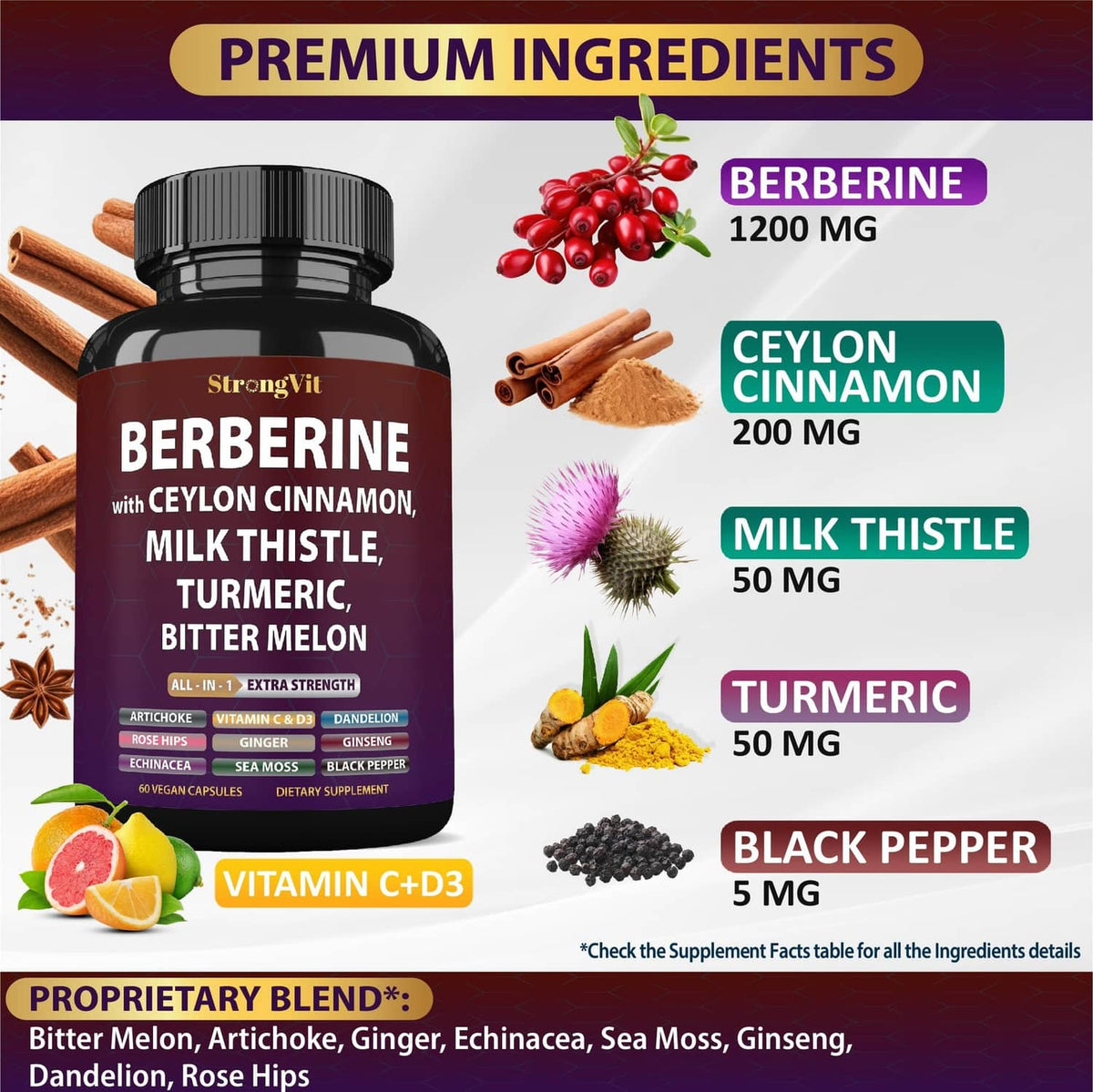 StrongVit berberine supplement bottle with premium ingredients and amounts panel