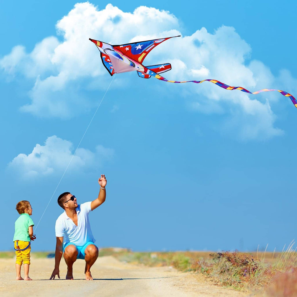 Airplane kite flying in the sky, red and blue star design with long tail line