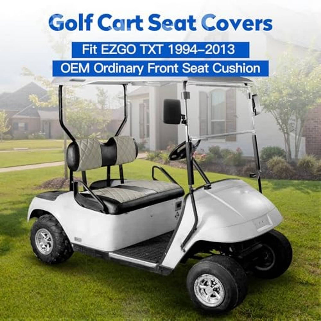 Golf cart seat covers with black center strip and oyster-gray diamond patterned cushions