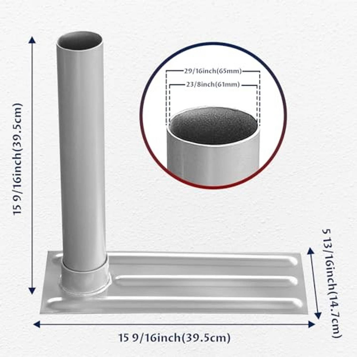 Metal tire-mount flag pole base with upright tube and size diagram