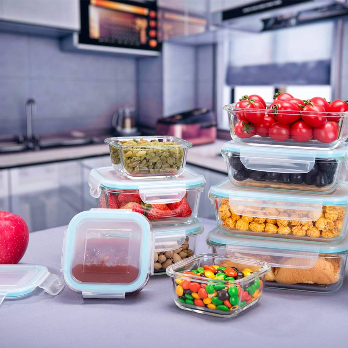 Clear glass meal containers with matching lids, filled with assorted foods