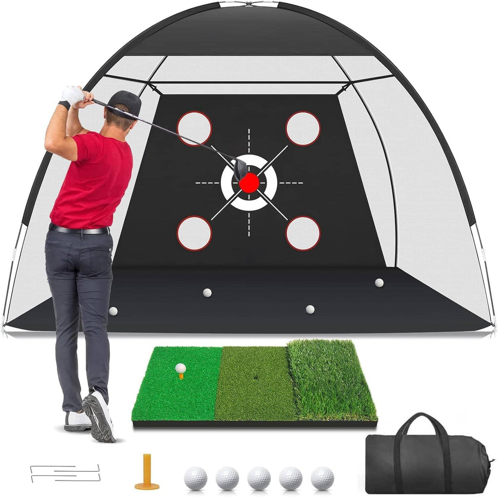 Golf practice net with black target board, turf mat, tee, and ball set with bag