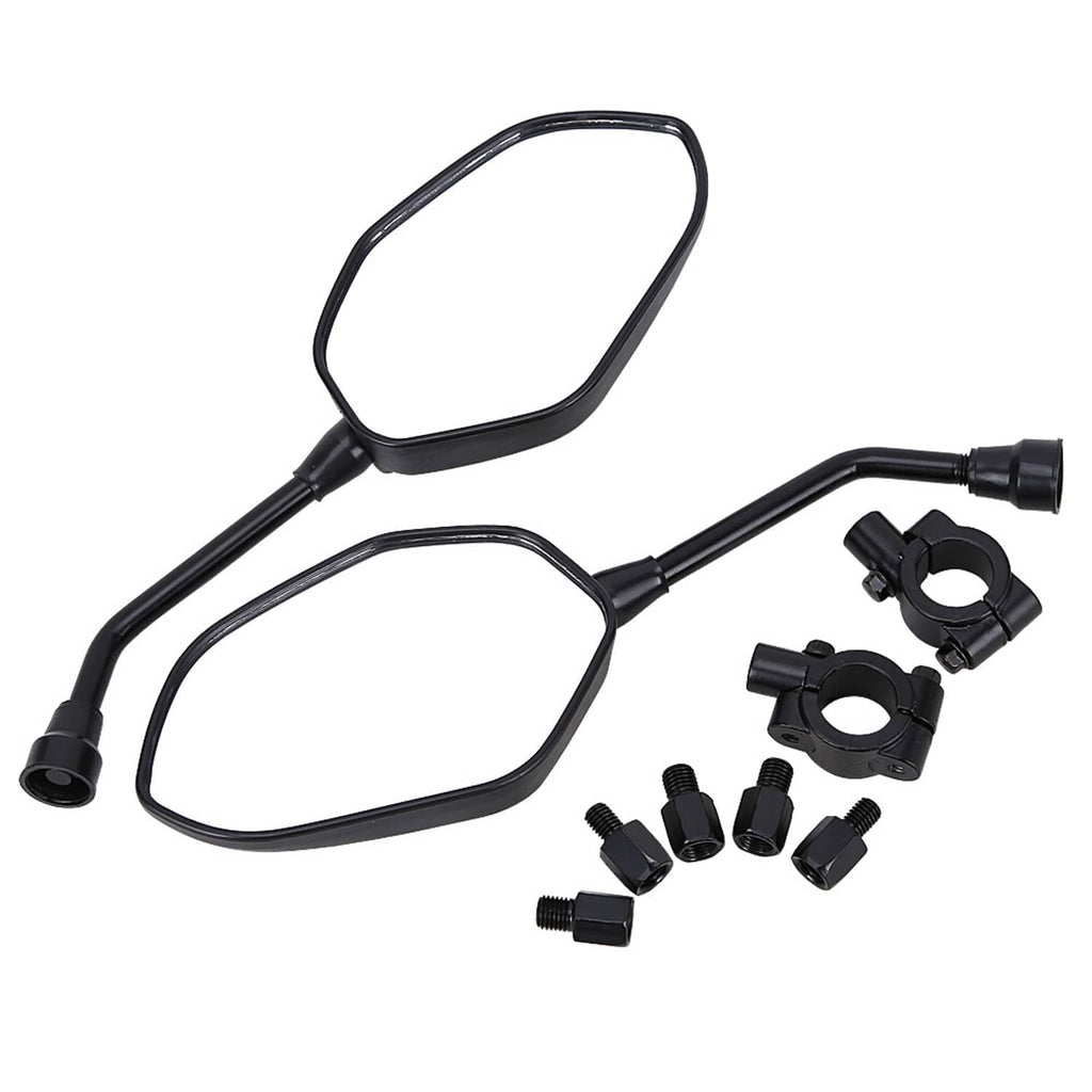 ATV rearview side mirrors with black mounting clamps and screws