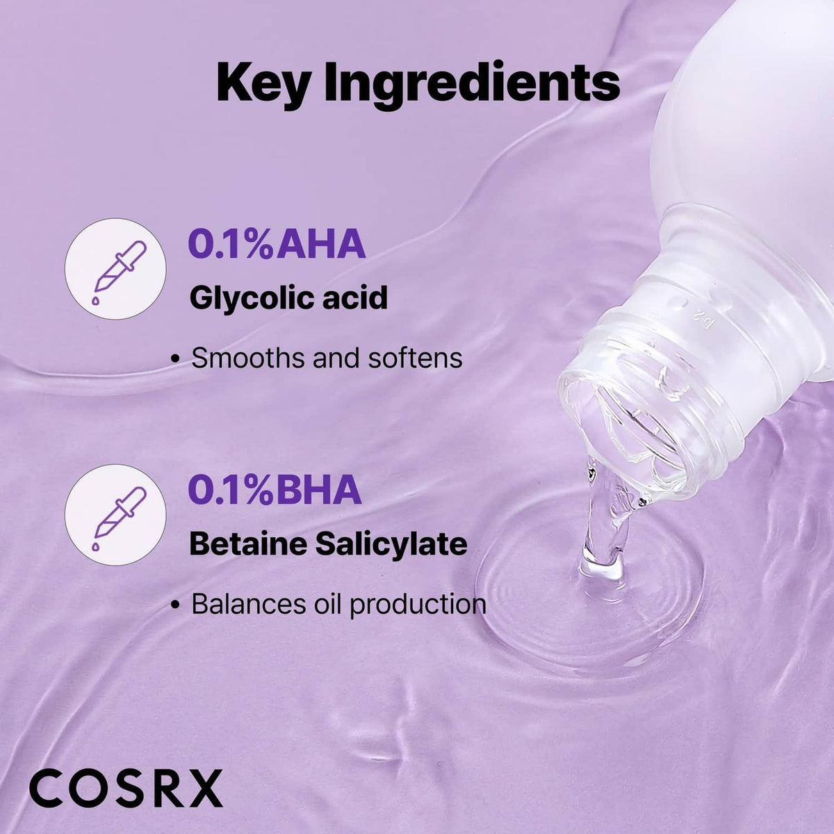 AHA/BHA clarifying toner bottle dispensing clear liquid from nozzle