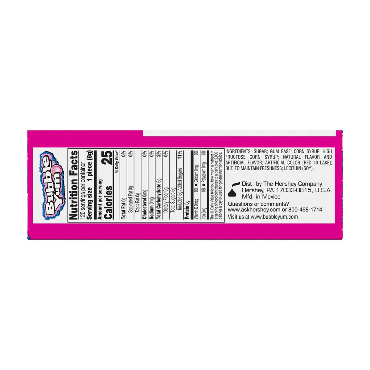 Bubble Yum Original bubble gum 12-pack box back panel with nutrition facts