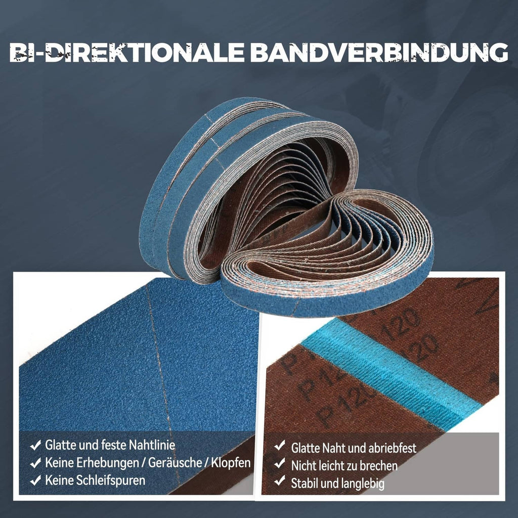 Blue zirconia sanding belt rolls with overlapping curves, abrasive surface visible