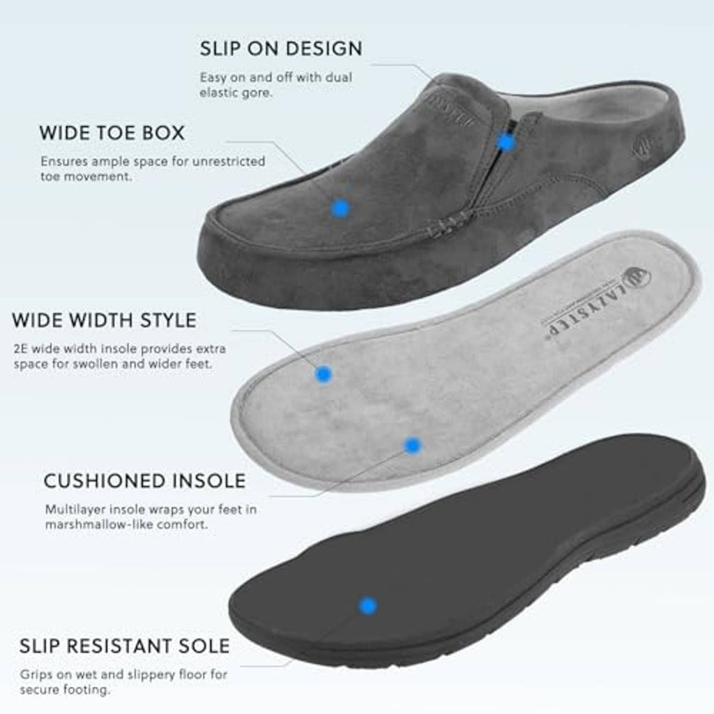 Men's slate grey cushioned clog slipper showing wide toe and cushioned insole