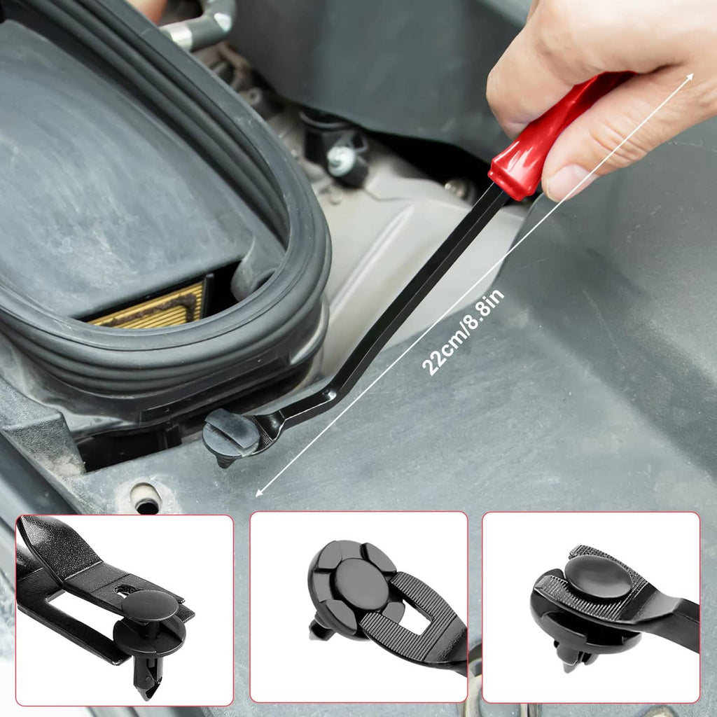 Red clip removal pliers with black fork tip for lifting car interior trim fasteners