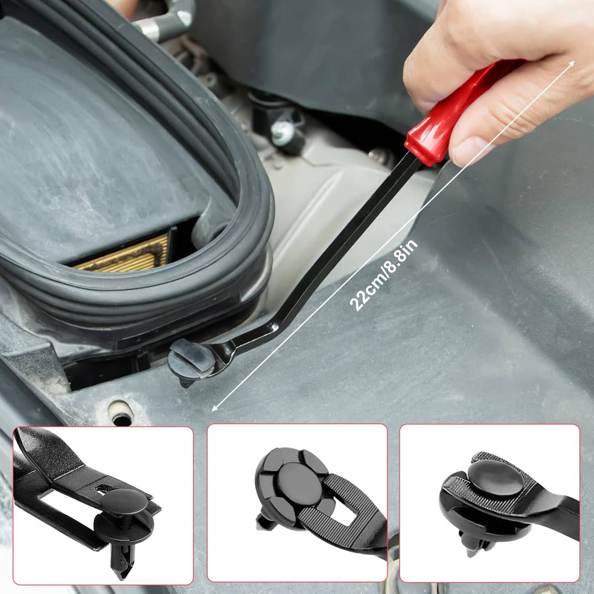 Red clip removal pliers with black fork tip for lifting car interior trim fasteners