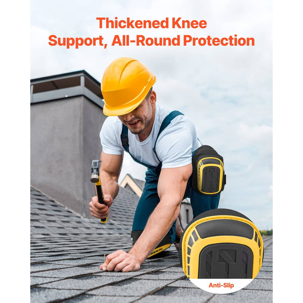 Thick black-and-yellow knee pads with anti-slip soles, worn during work