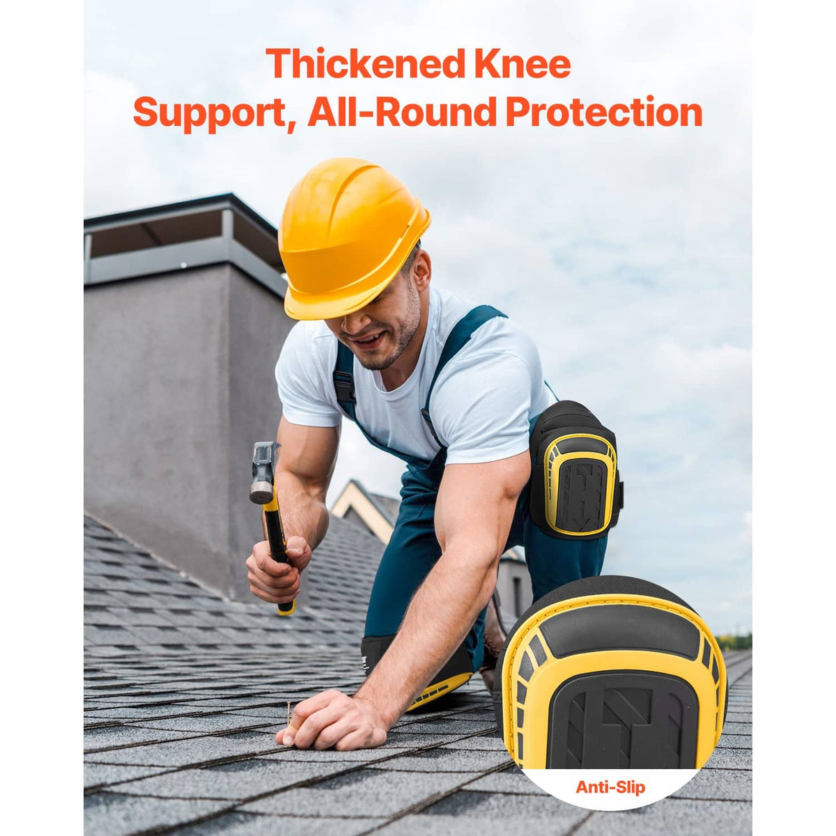 Thick black-and-yellow knee pads with anti-slip soles, worn during work