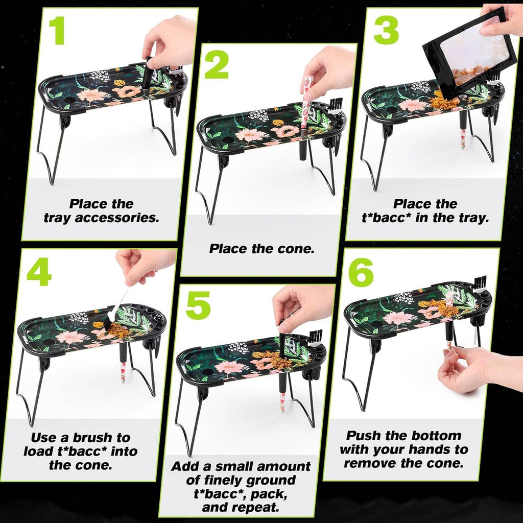 Step-by-step setup on tray with cone placement and loading tools