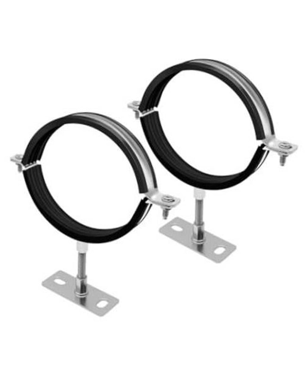 Set of 2 black split-ring pipe hanger brackets with galvanized mounting plates