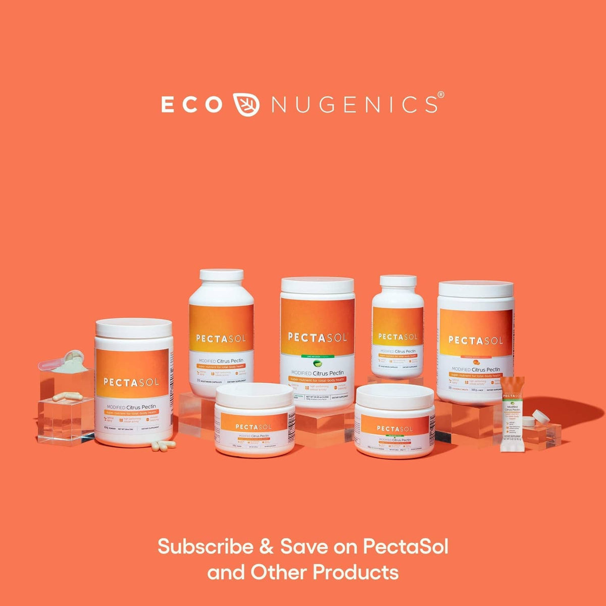EcoNugenics PectaSol bottle collection with stick pack sachet, subscribe and save