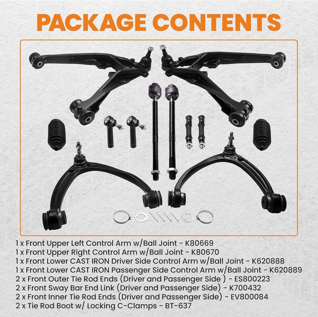 Control arm package contents layout with black arms, boots, ball joints, and fasteners