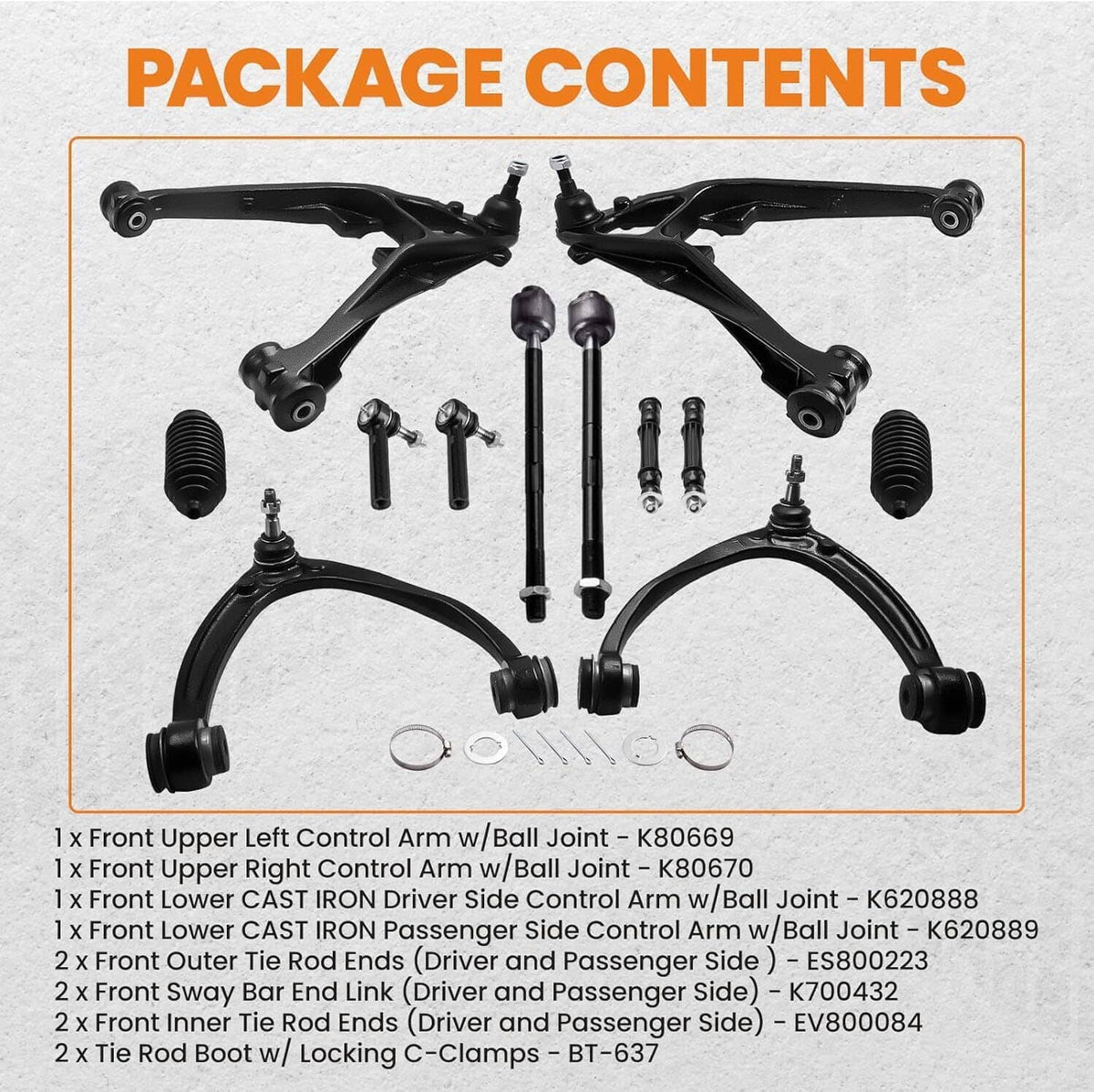 Control arm package contents layout with black arms, boots, ball joints, and fasteners