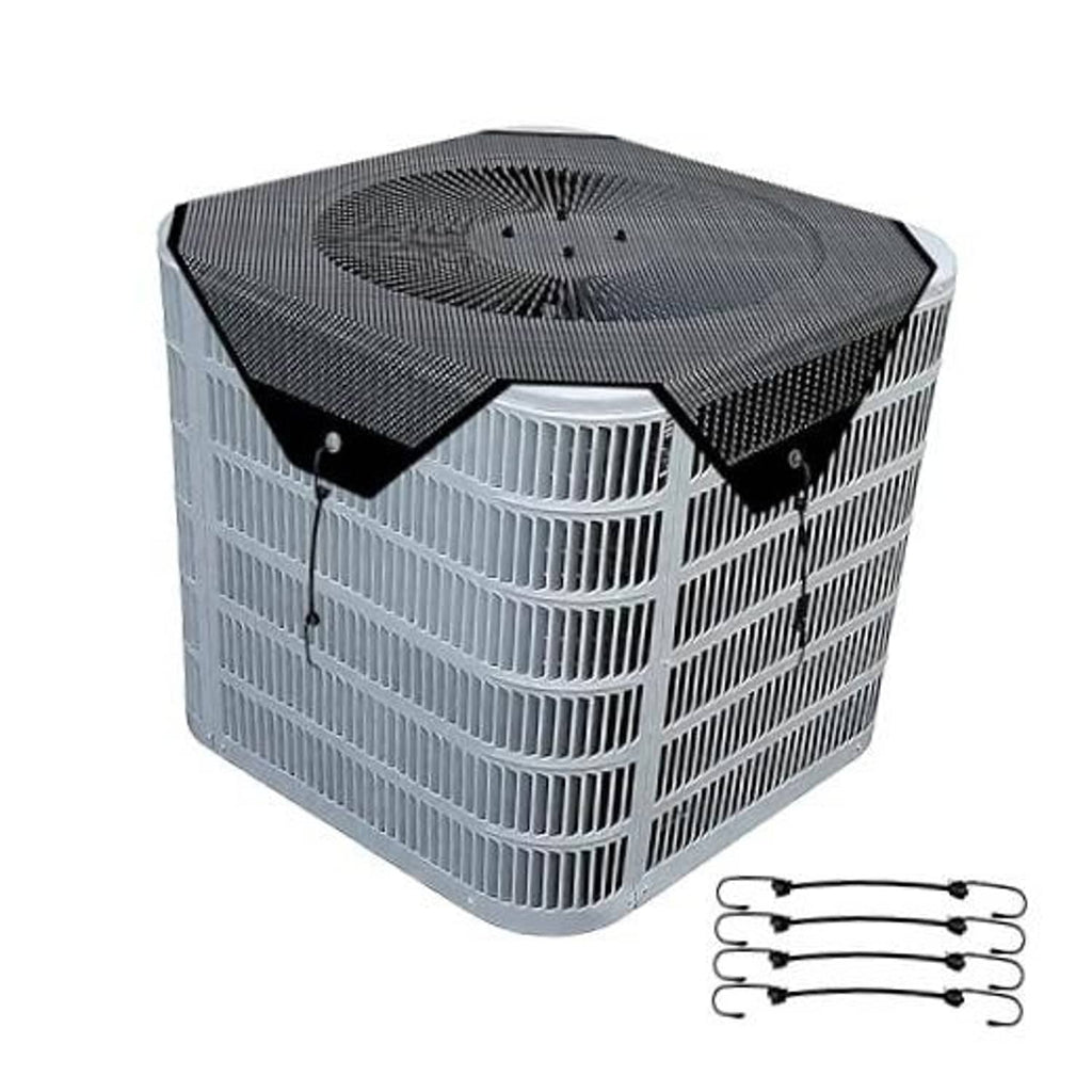 Central AC unit cover, black diamond mesh over a vented gray outdoor condenser