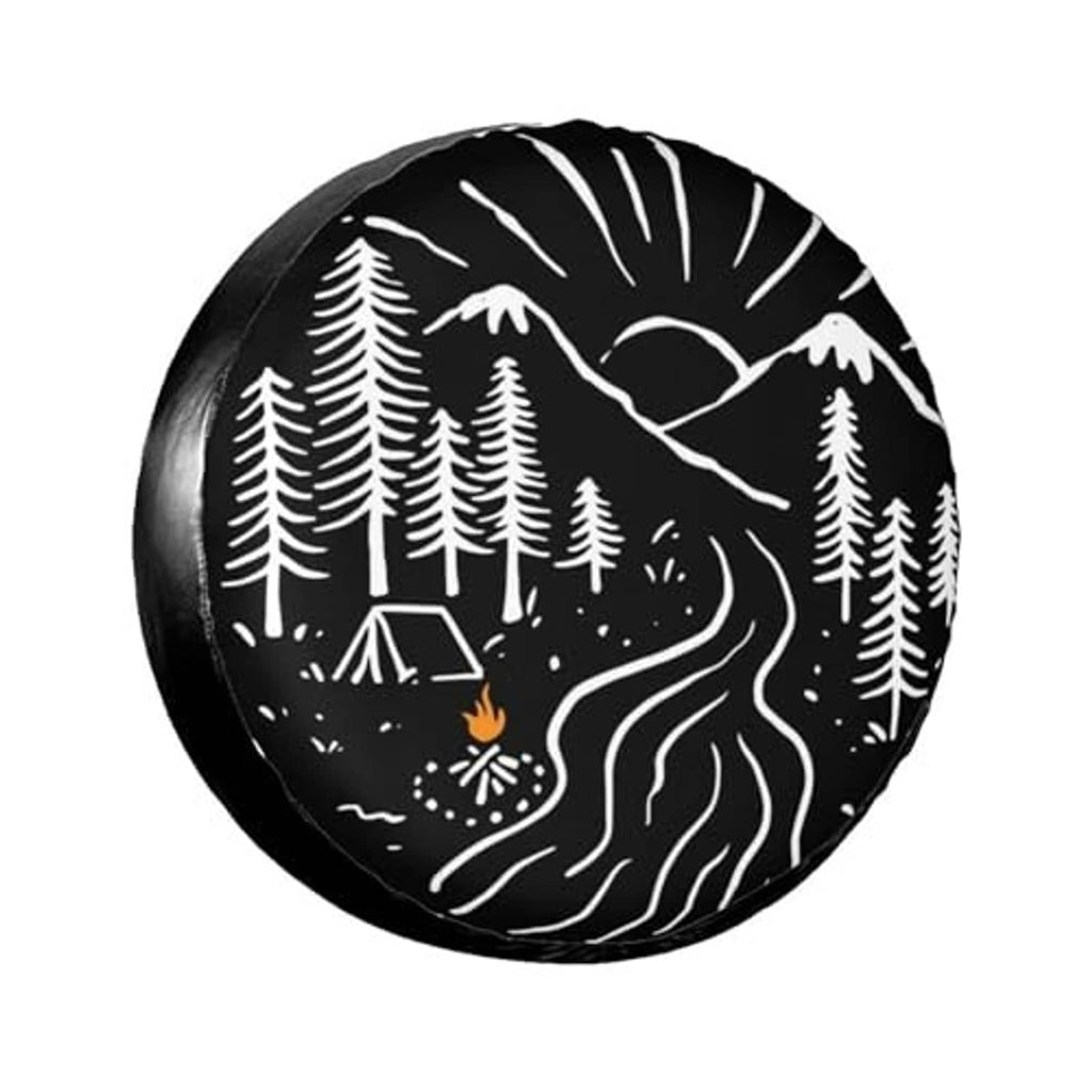 Universal spare tire cover featuring black fabric with white forest and river design