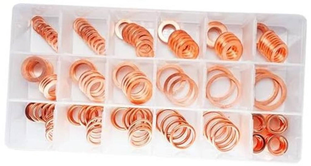 Copper crush washer set in clear plastic organizer tray, assorted oil drain plug gaskets