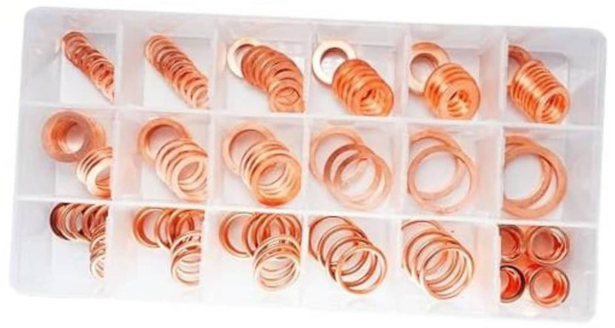 Copper crush washer set in clear plastic organizer tray, assorted oil drain plug gaskets