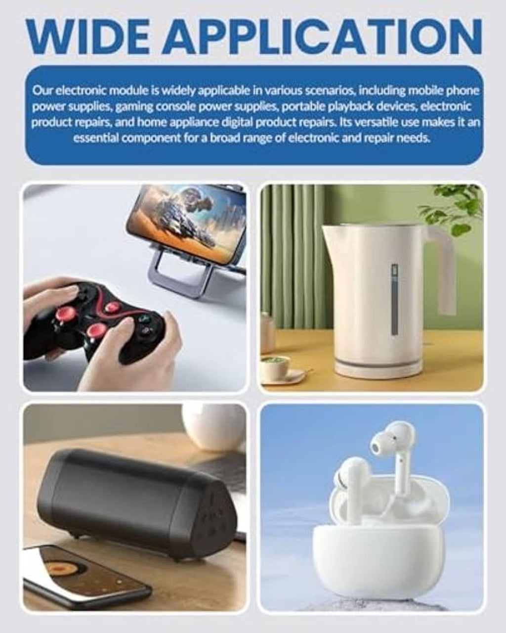 Wide application infographic showing regulator module use for mobile and home electronics