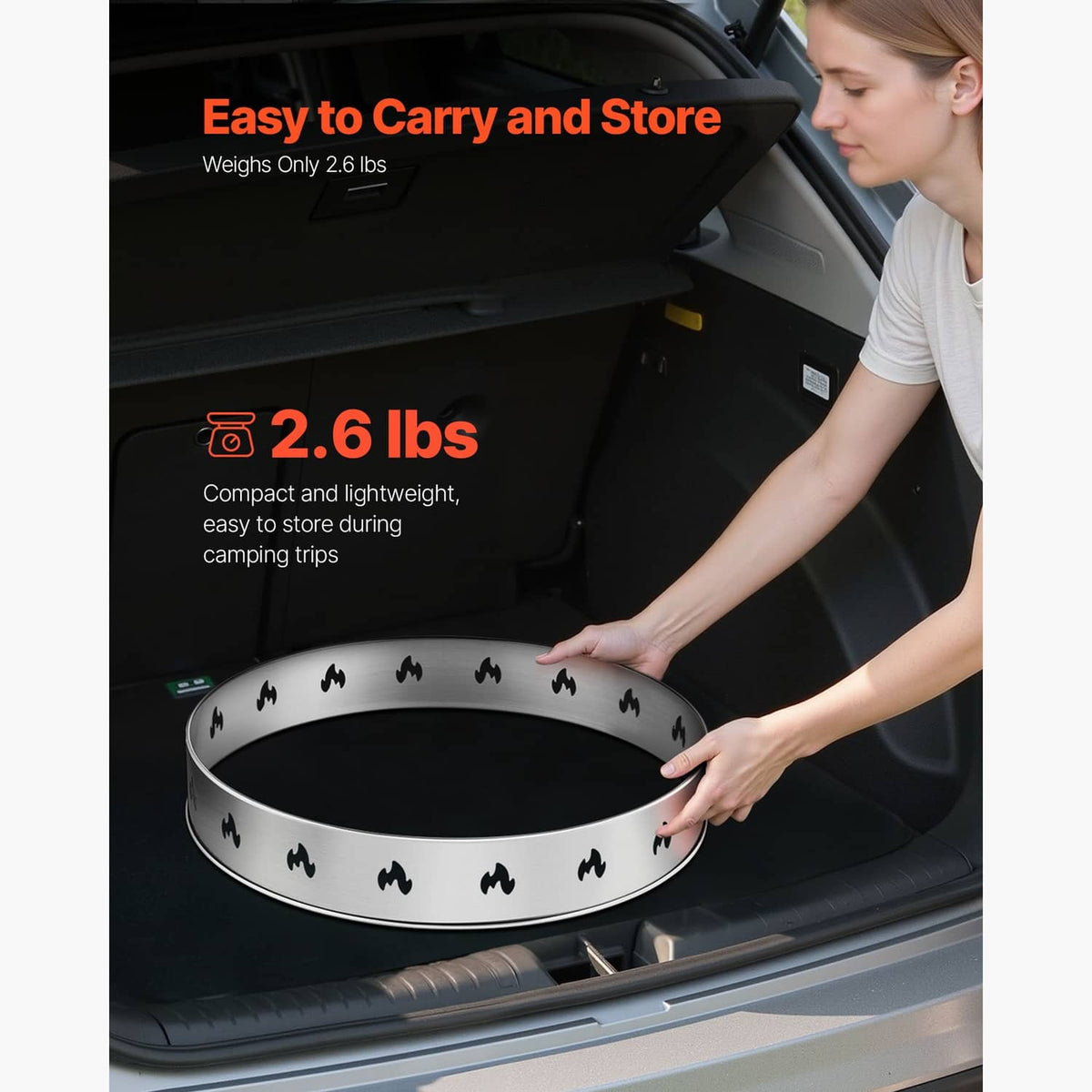 Stainless steel fire pit stand ring with flame cutout pattern, inside vehicle trunk