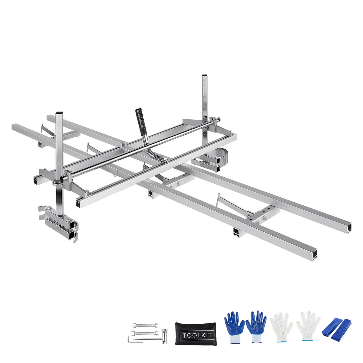 Chainsaw mill guide rail system with accessory tools and gloves on white background