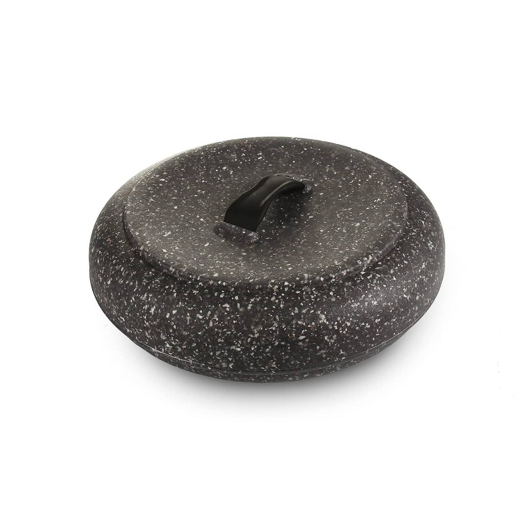 Granite-pattern microwavable tortilla warmer with domed lid and black pull handle