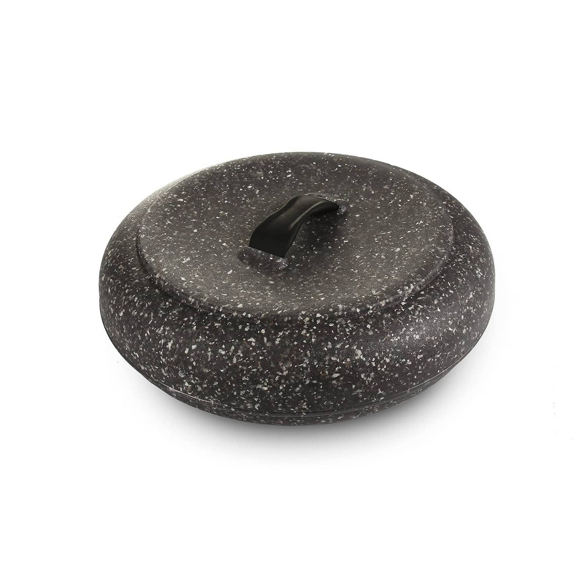 Granite-pattern microwavable tortilla warmer with domed lid and black pull handle