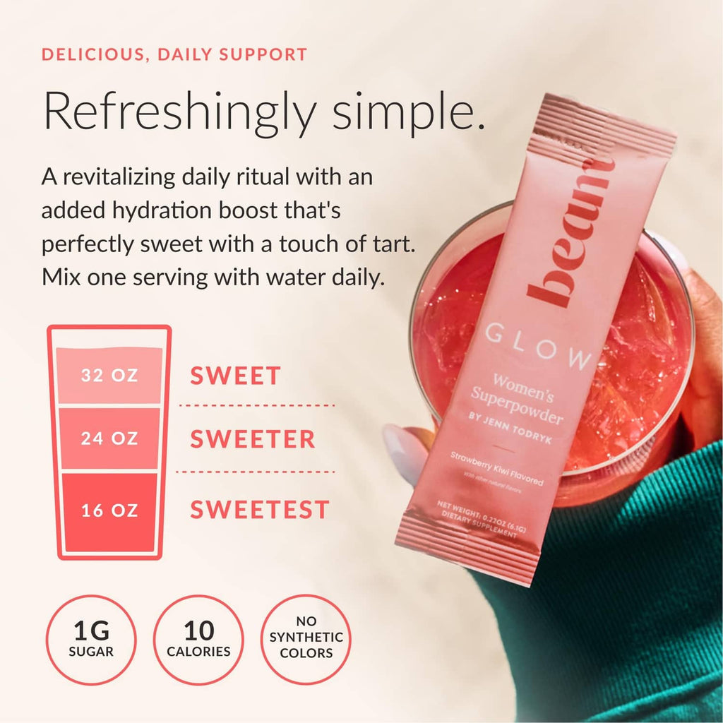 Beam Glow women’s supplement stick pack with pink mixed drink in cup