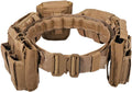 Tan tactical belt with elastic pouches and central quick-release buckle